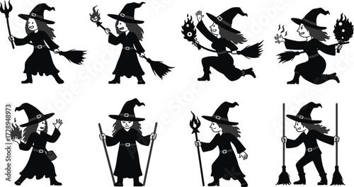 Witch silhouette, Halloween witch, flying broomstick, magical woman, fantasy sorceress, spooky illustration, dark magic, gothic art, enchanted character, mystical design