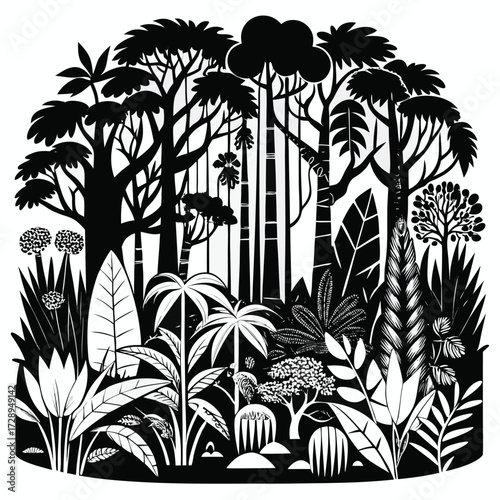 Abstract black outline design of a lush jungle forest with dense foliage and natural elements