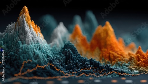 Dynamic 3D data visualization with vibrant orange and teal peaks representing growth and trends, perfect for financial reports and tech presentations.