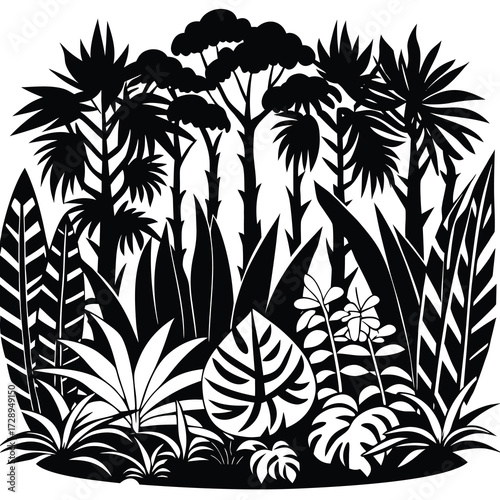 Abstract jungle forest vector outline in black and vibrant colors with natural elements