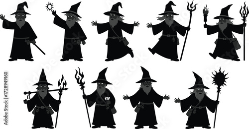 Wizard silhouette, magical wizard, fantasy sorcerer, spell casting, enchanted character, mystical design, wizard staff, gothic artwork, wizard illustration, fantasy magic