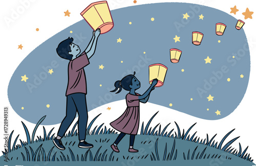Children releasing sky lanterns at night with stars