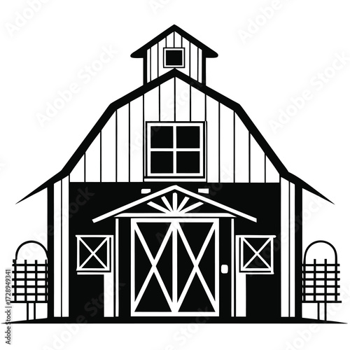 Black and white outline illustration of a rustic barn house with a simple classic design