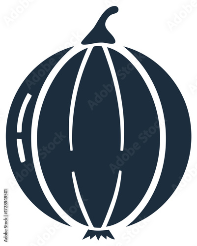 Dark blue stylized icon of a gooseberry with white segmented lines and a stem