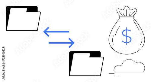 File folders with arrows indicating transfer link to a money bag and cloud. Ideal for digital currency, data trade, file sharing, financial exchange, online transactions, cloud economy, simple flat