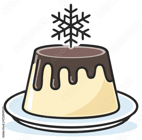 Festive winter pudding with chocolate sauce and a snowflake topper, holiday dessert illustration.