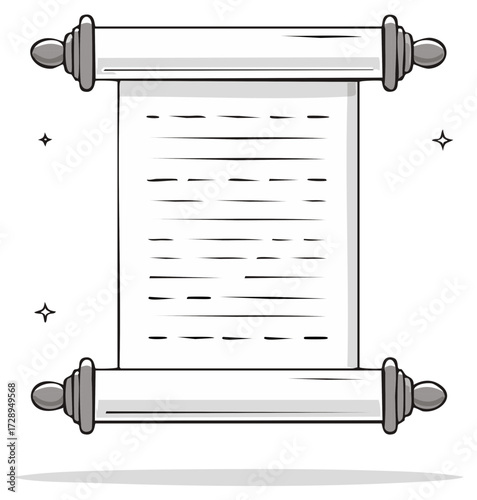 Illustrated blank old parchment scroll template with space for message and decorative finials