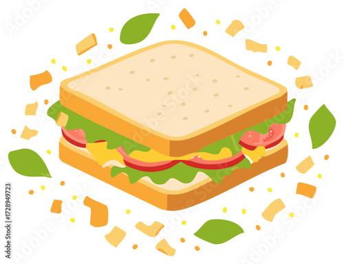 Square Sandwich with Tomato, Lettuce, and Cheese Surrounded by Leaves and Croutons