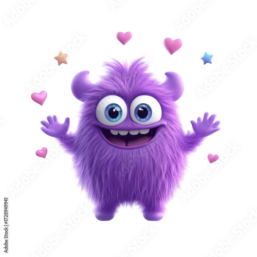 Purple furry monster with big eyes and happy expression surrounded by hearts and stars