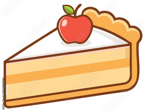 Slice of delicious apple pie with decorative red apple on top