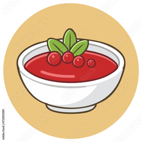 Festive holiday cranberry sauce in a white bowl with berry and leaf garnish vector illustration icon