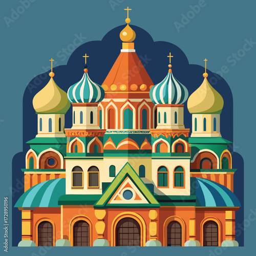 Detailed russian orthodox church with onion domes vector illustration