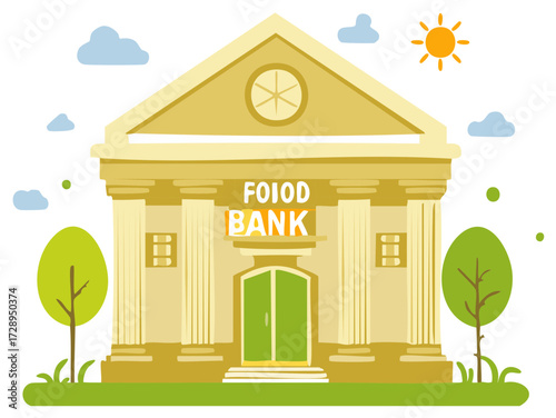 Illustration of a Food Bank Building with Trees, Clouds, and Sun in a Flat Design Style