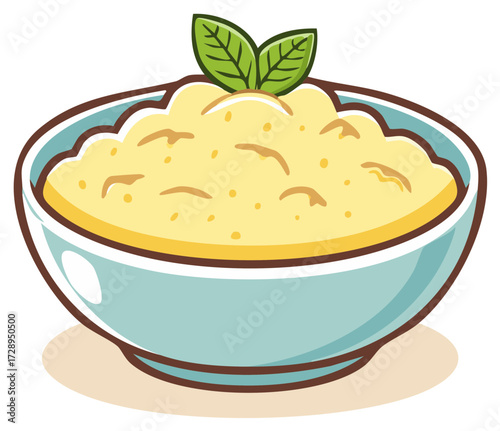 Cartoon illustration of a bowl of creamy mashed food garnished with green leaves