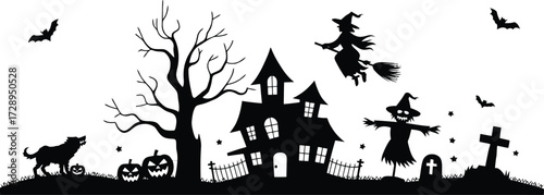 Spooky Halloween haunted house scene with flying witch, howling wolf, scarecrow, and bats creating a chilling atmosphere for festive celebrations.