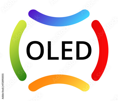 Oled technology abstract symbol with vibrant colored arcs on white background.