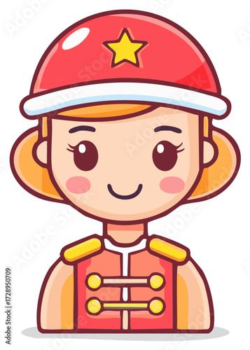Cute cartoon soldier girl in a red uniform and hat with a yellow star
