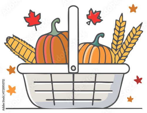 Vibrant fall harvest illustration featuring a basket brimming with pumpkins, corn, wheat, and scattered autumn leaves.