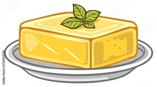 Stick of butter with a mint leaf on a plate, cartoon vector illustration