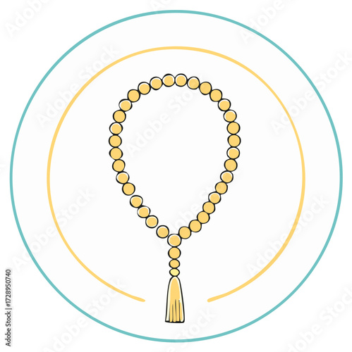 Golden yellow prayer beads with tassel, spiritual devotion symbol illustration.
