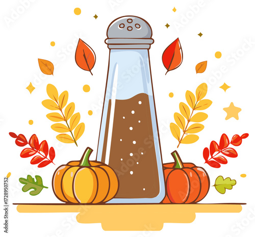 Fall season still life with pepper shaker pumpkins and colorful autumn leaves