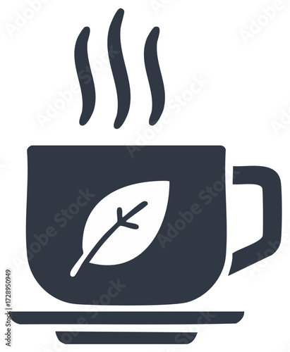 Hot Tea Cup with Steaming Vapor and Leaf Silhouette Design Element