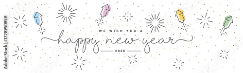 Happy new year 2026 party new thin line design handwritten typography lettering. 2026 celebration with big fireworks and confetti on a white background
