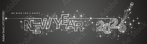 We wish you Happy New Year 2026 line design shiny glitter sparkler firework open champagne 2026 new year eve white black vector wallpaper long banner greeting card
