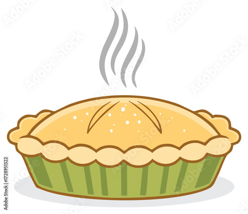 Cartoon illustration of a freshly baked pie with steam rising upwards, ready to eat.