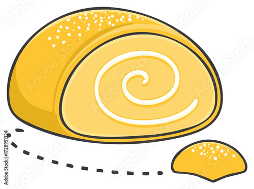 A sliced sponge cake roll with a creamy swirl filling and sugar topping cartoon vector icon