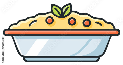 Simple cartoon icon of a baked casserole dish with vegetable garnish