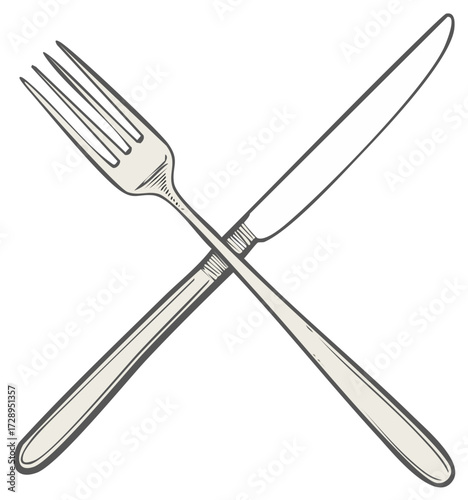 Vintage style crossed fork and knife illustration. Hand drawn cutlery icon for restaurant and dining.