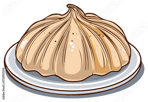 A stylized illustration of a single bulb of garlic on a white plate