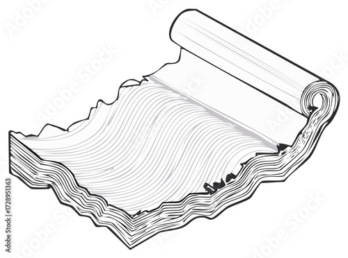 Open book with swirling pages and rolled edges in black and white line art