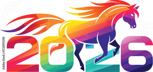 Rainbow horse galloping over 2026 numbers new year