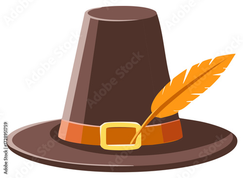 Traditional brown Pilgrim hat with a gold buckle and orange feather for Thanksgiving