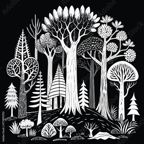 Black and white hand drawn woodland trees with a natural forest scene illustration