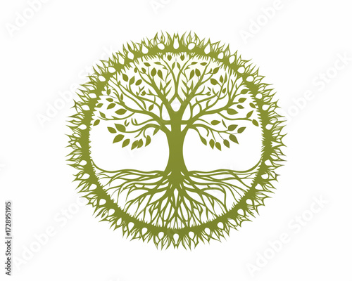 Green tree of life with intricate roots and leafy border