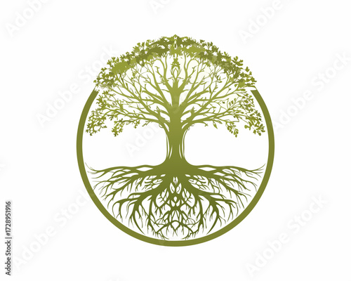 Stylized green tree of life with intricate roots and branches within a circle
