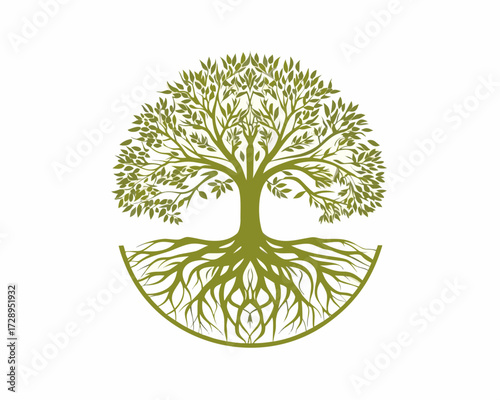 Stylized green tree of life with intricate roots and leaves