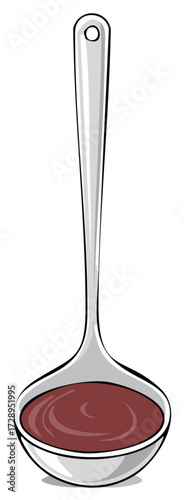 Silver Ladle Filled with Rich Brown Gravy or Sauce Illustration Kitchen Utensil