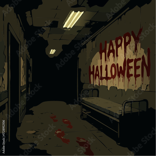 Horror vector illustration of a bloody, abandoned hospital corridor with "Happy Halloween" painted on the wall, perfect for spooky party backgrounds.