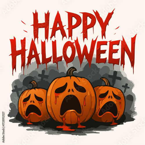 Horror comic vector "Happy Halloween" typography over crying, bleeding pumpkins in a graveyard. Great for posters, t-shirts, and spooky merchandise.