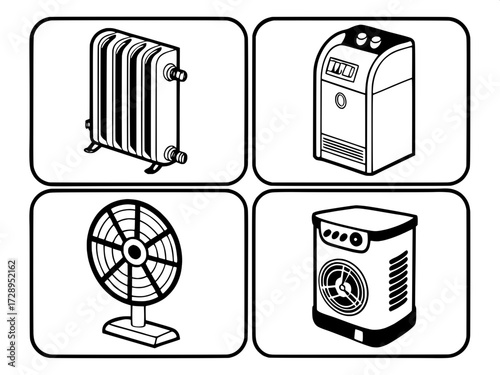 Climate Control System Icons
A balanced grid of four black monochrome vector icons: radiator, AC unit, water heater, and floor fan. Each is outlined with bold, simple shapes in a functional, technical