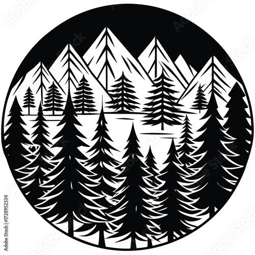 Abstract black and white alpine forest landscape with geometric mountain peaks and pine trees