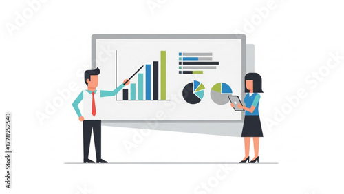 male and female characters analyzing bar charts and pie graphs on a whiteboard