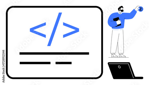 Developer holding book and presenting large code screen, blue accent, laptop in corner. Ideal for programming, development, tech education, IT training, online learning, coding tutorials simple flat