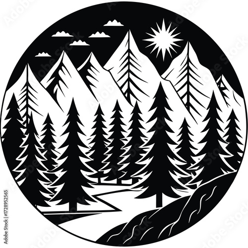 Abstract black and white alpine forest landscape with geometric elements and subtle color accents