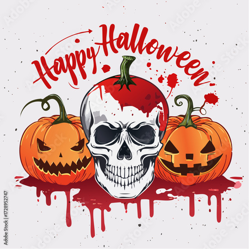 Horror vector "Happy Halloween" with bloody skull wearing a pumpkin hat, surrounded by angry jack-o'-lanterns and blood splatter for dark designs.