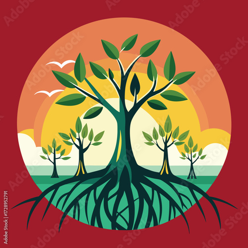 Minimalist silhouette of mangrove trees with intricate root systems showcasing coastal ecosystem beauty in a clean vector design